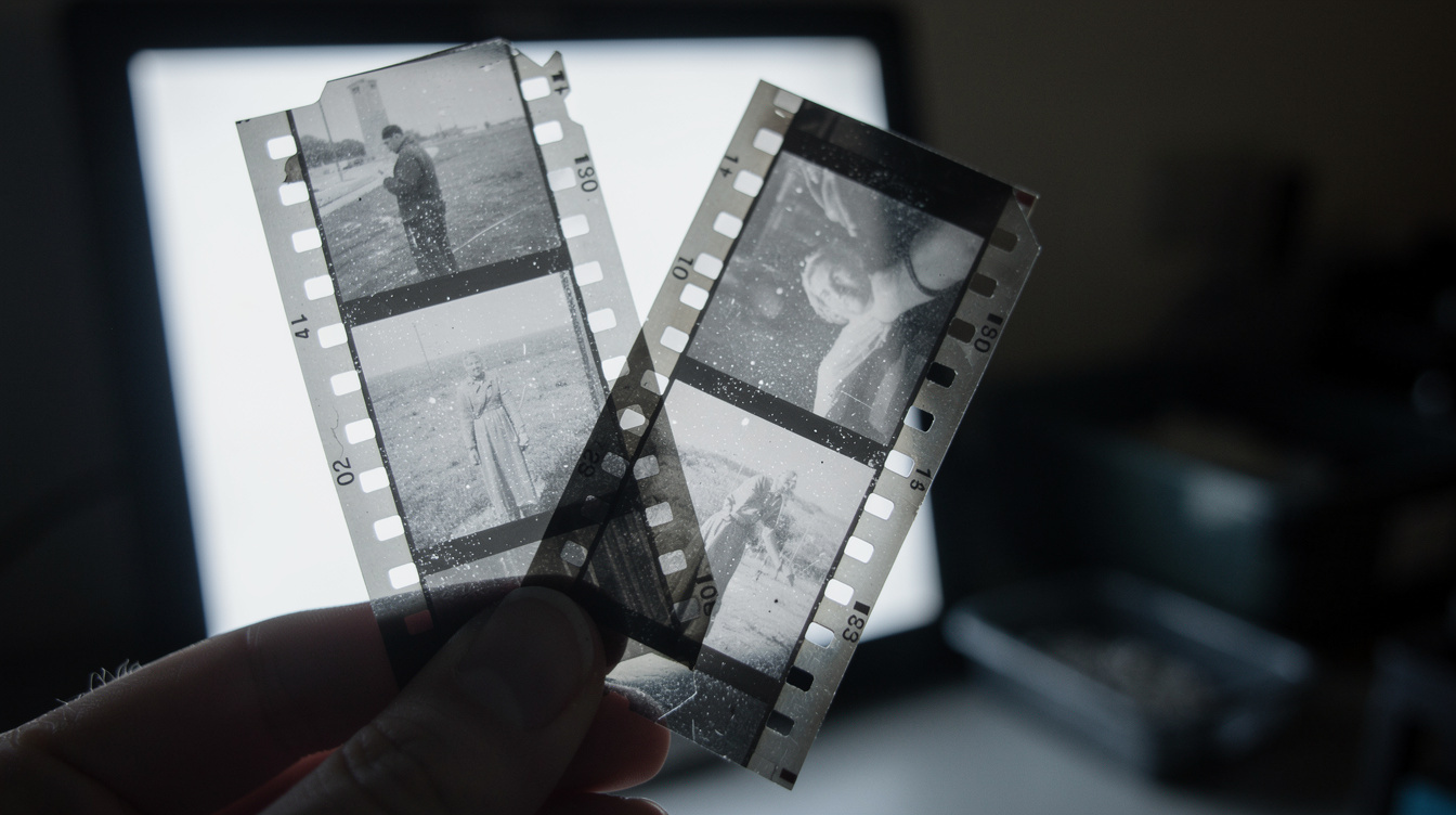Film negatives held up to the light in a darkroom